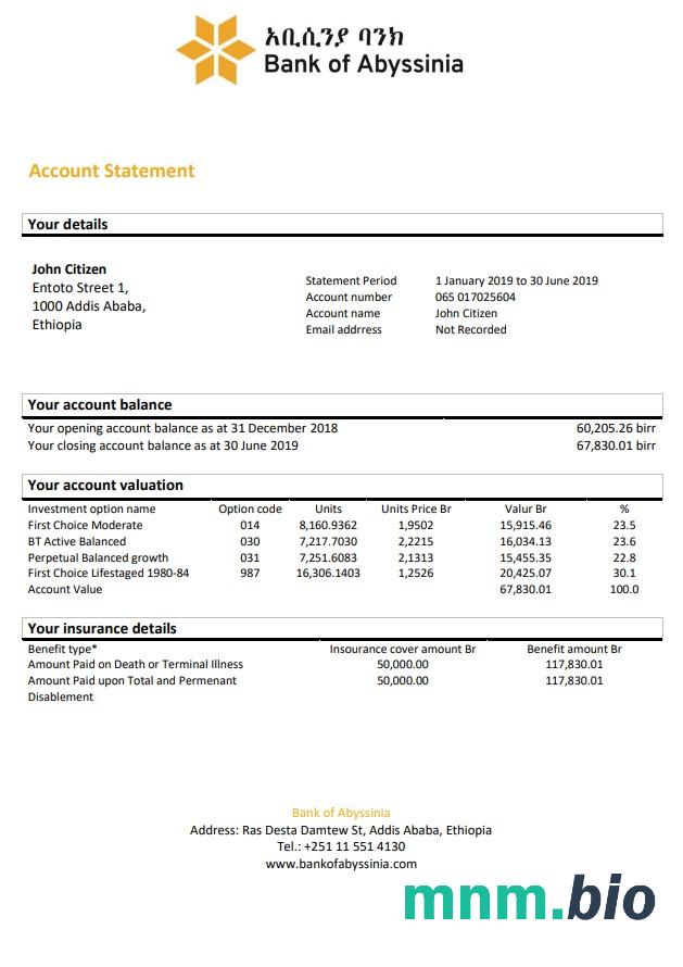 Ethiopia Bank of Abyssinia wyciąg bankowy łatwy do wypełnienia szablonu .xls i .format pliku pdf
